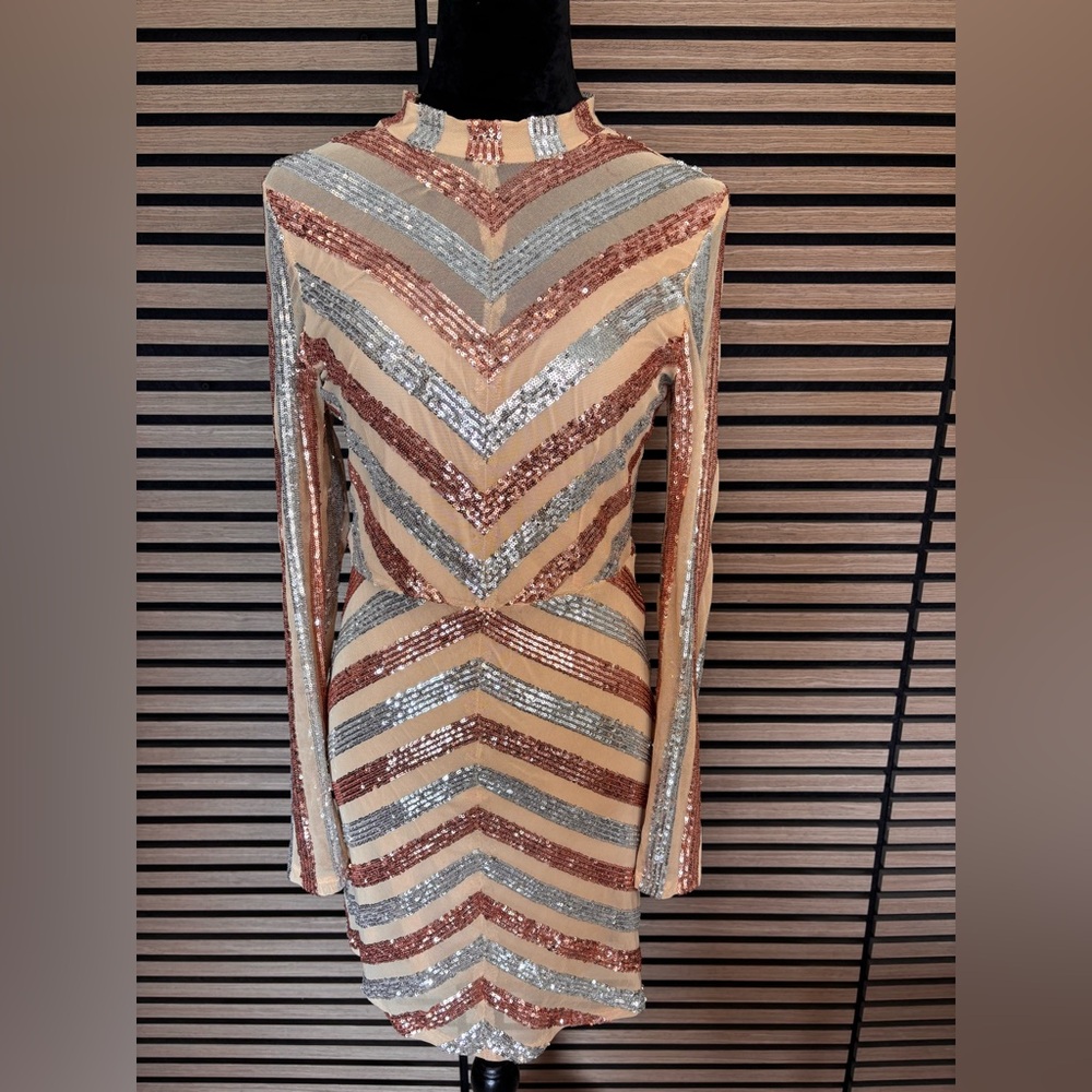 bebe Sequin Chevron Long Sleeve Dress